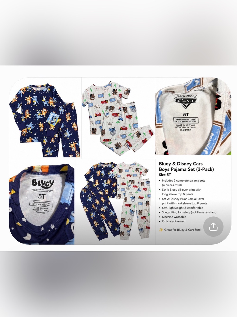 Bluey and Cars Boys Pajama Set - New with tags- Size 5T